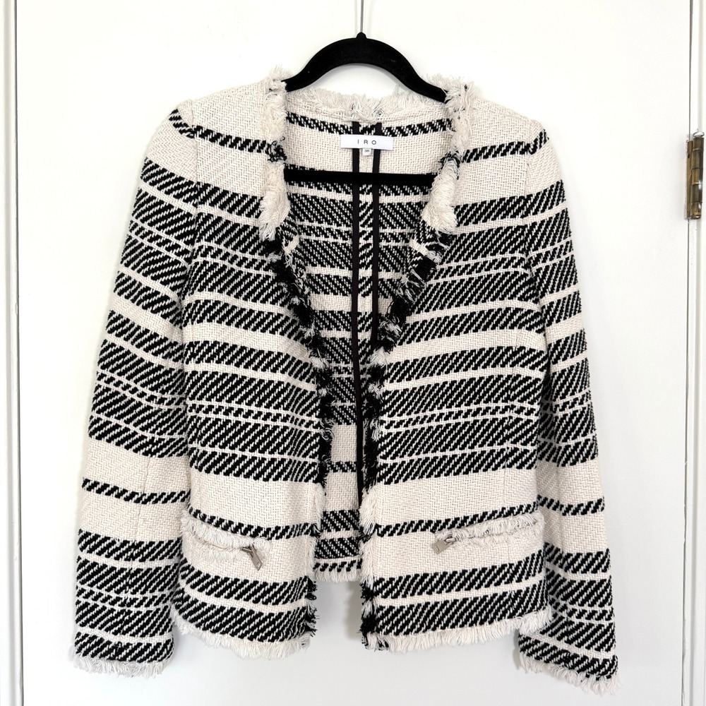 Iro Paris Zlata Tweed Jacket Black White Fringe Jacket Blazer Size 38 US 6